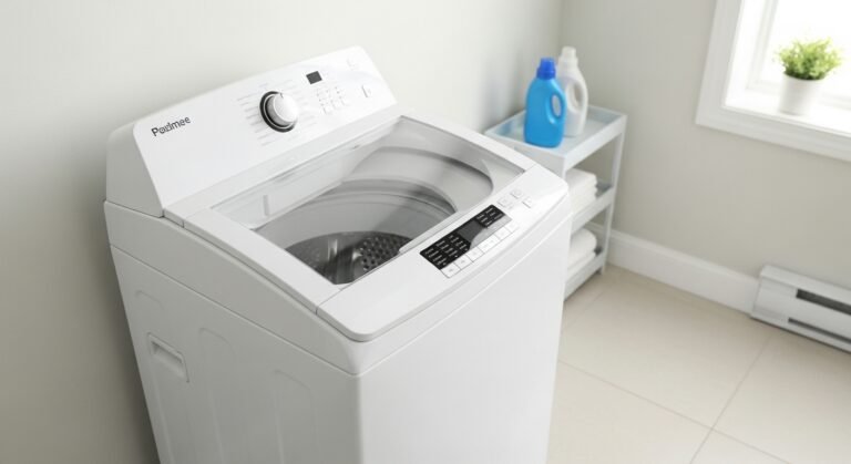 Máquina de lavar roupas vertical de abertura superior em lavanderia moderna, ao lado de pia ou armário, com tampa transparente e painel digital